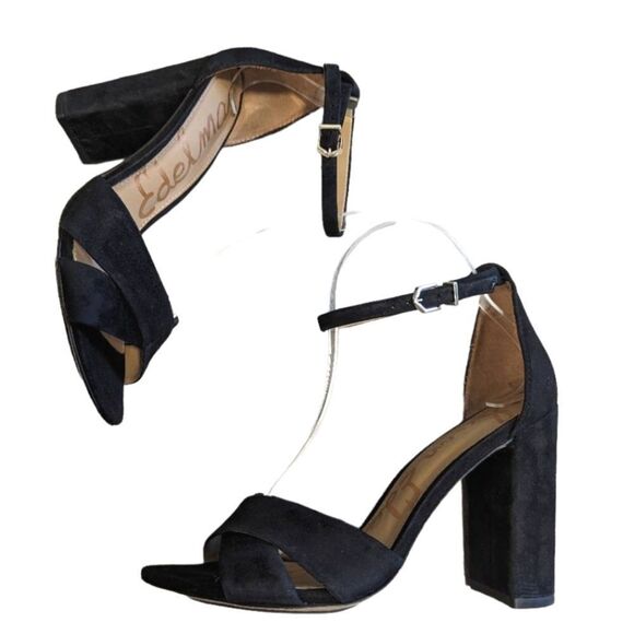 Sam Edelman black suede Yancy block heels open toe ankle strappy womens 8 - Picture 1 of 8